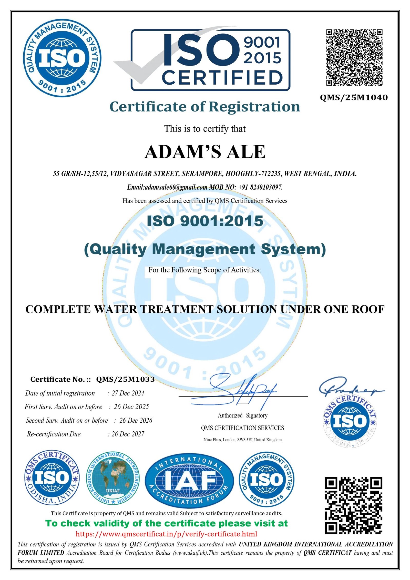 Water Treatment Certificate West Bengal